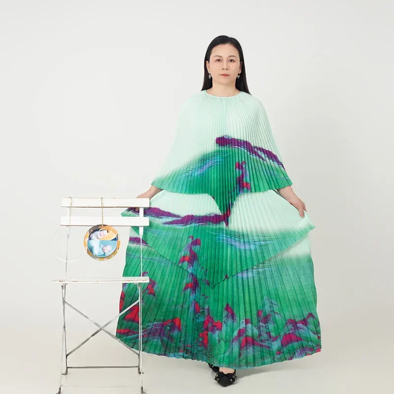 Miyake Pleated Women\'s Clothing 2024 New Printing Irregular Large Size 2 piece sets womens outfits top and skirt