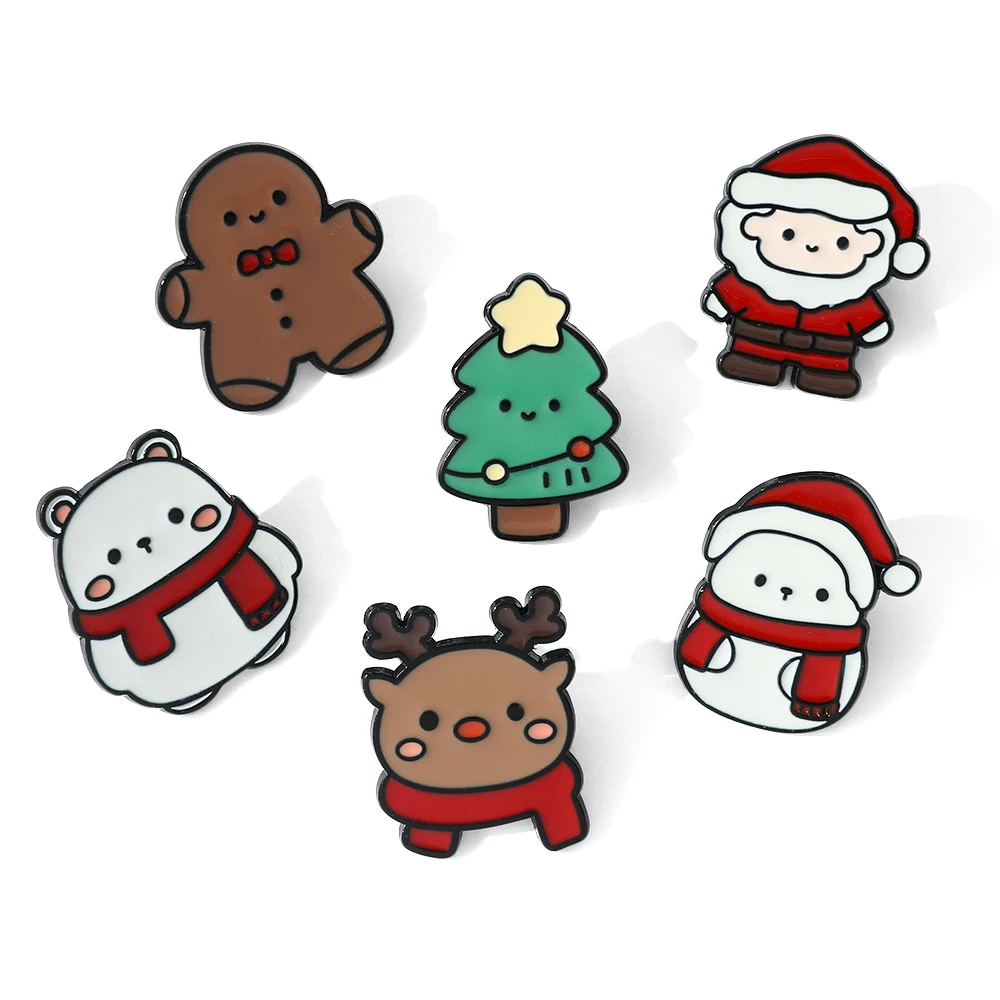 Cute Santa Claus Enamel Brooch Cartoon Christmas Elk Pine Tree Snowman Bear Doll Badge Pins Kids Friends Gifts Jewelry Cosplay