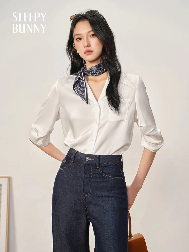 

Elegant Satin Blouse Women French Style White Button-Down Shirt Summer Draped Office Top Lapel Collar Slim Professional Workwear