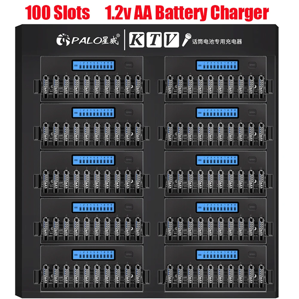 

PALO 100 Slot LCD Split-screen Smart Battery Charger Fast Charging 1.2V 2A Charger For 1.2V NI-MH NI-CD AA Rechargeable Battery