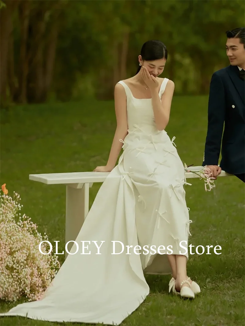 OLOEY Elegant Ankle Length Wedding Dresses Korea Photo shoot Straps Ribbons Tail Customized Princess Bridal Gowns Photo shoot