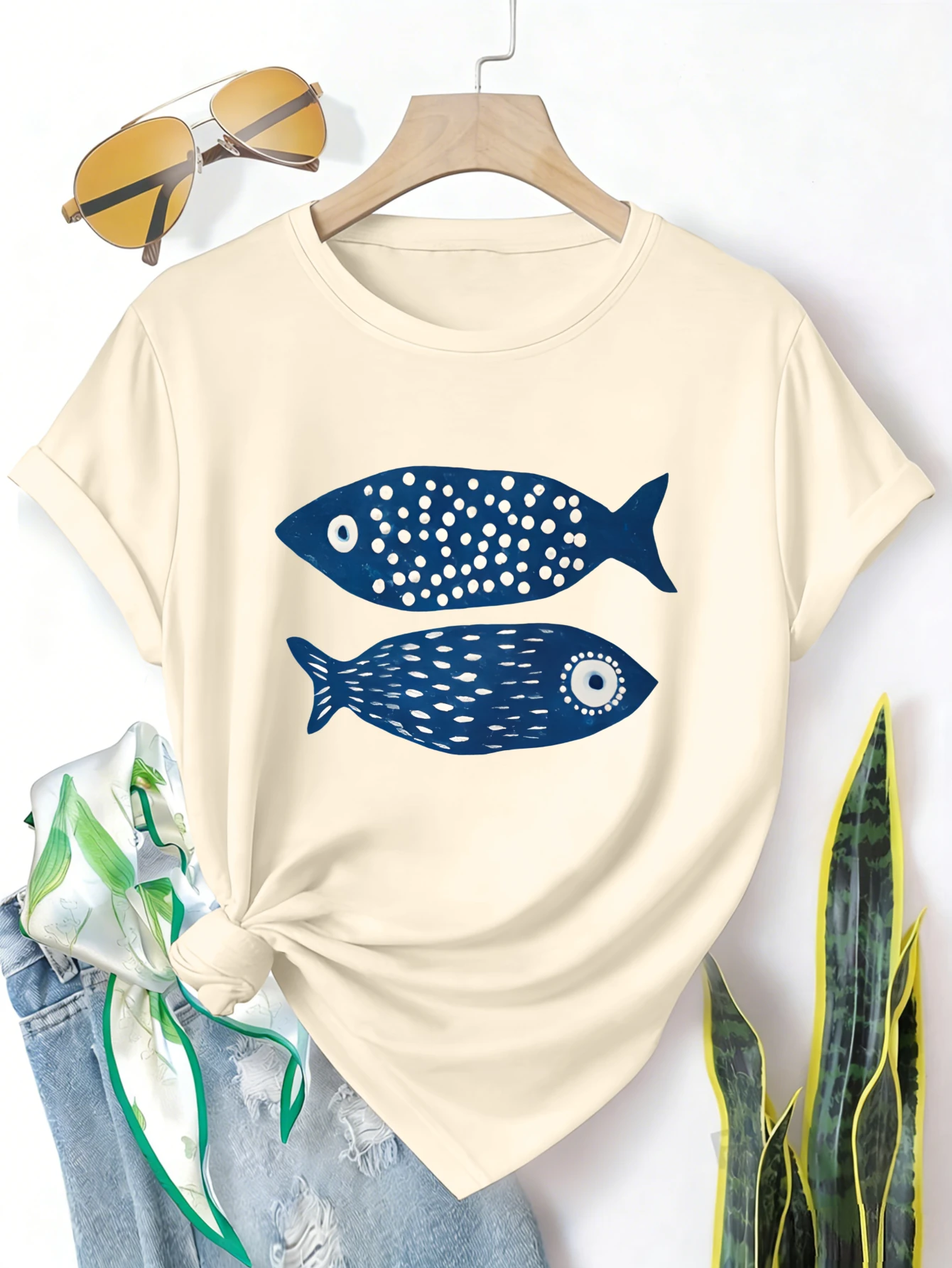 

Plus size women's short sleeve T-shirt Blue Fish Pattern Print Design soft and comfortable fabric summer outfits women's