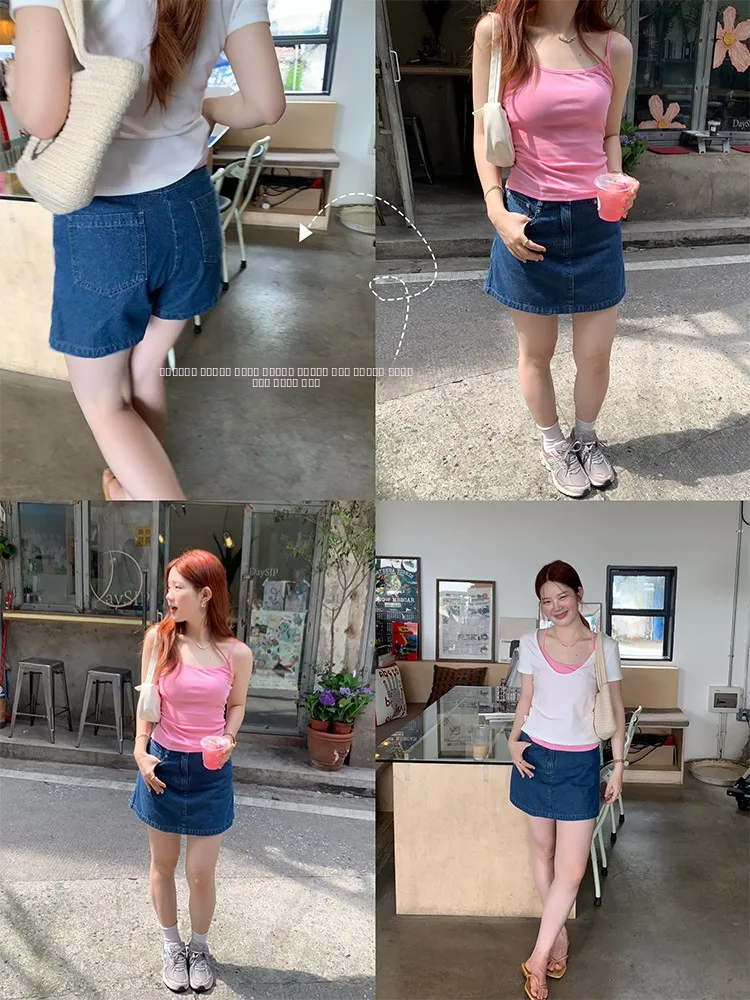 

Slimming A-Line Denim Skirt Pants Korean Sle Summer Faion for ort Women l Waist ort Length