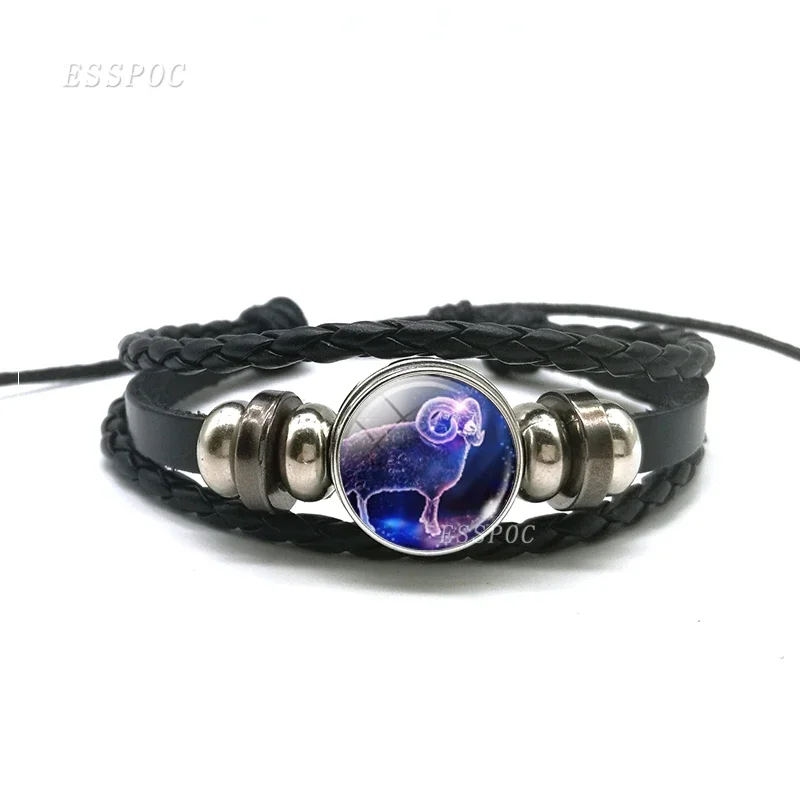 12 Zodiac Signs Constellations Black Button Woven Leather Bracelet Glass Dome Jewelry Men Aries Libra Libra Leo Birthday Gift