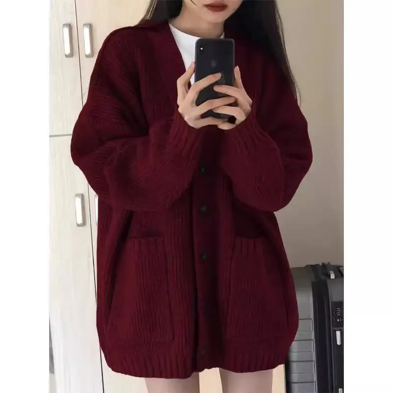 

New Year Christmas Red Knitted Sweater Women Autumn Winter Female Cardigan V-neck Lazy Style Leisure Casual Top Thick Loose Coat