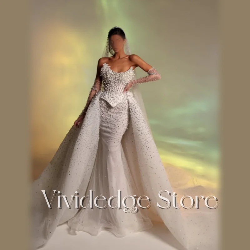 Customized White Luxury Beaded Wedding Dress Strapless Handmade Flower Sequins Beaded Fishtail Detachable Trailing Bridal Gowns