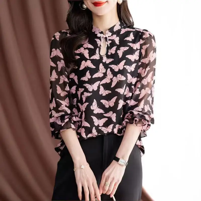 Printing Geometric Chiffon Bow Women\'s Clothing Crew Neck Lantern Long Sleeve T-shirt Casual Elegant Flattering Chic Tops