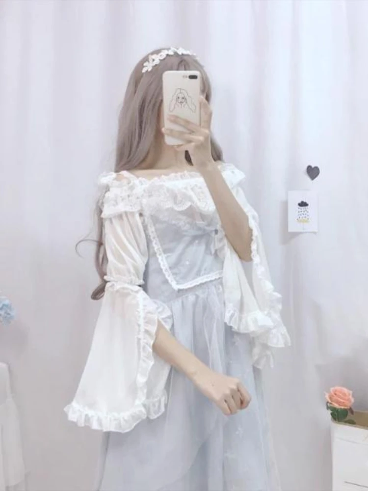 KOSAHIKI Kawaii Lace Shirt Lolita Blouses Women Split Flare Sleeve 2024 Japanese Chiffon Blusas Preppy Style Cosplay Cute Tops