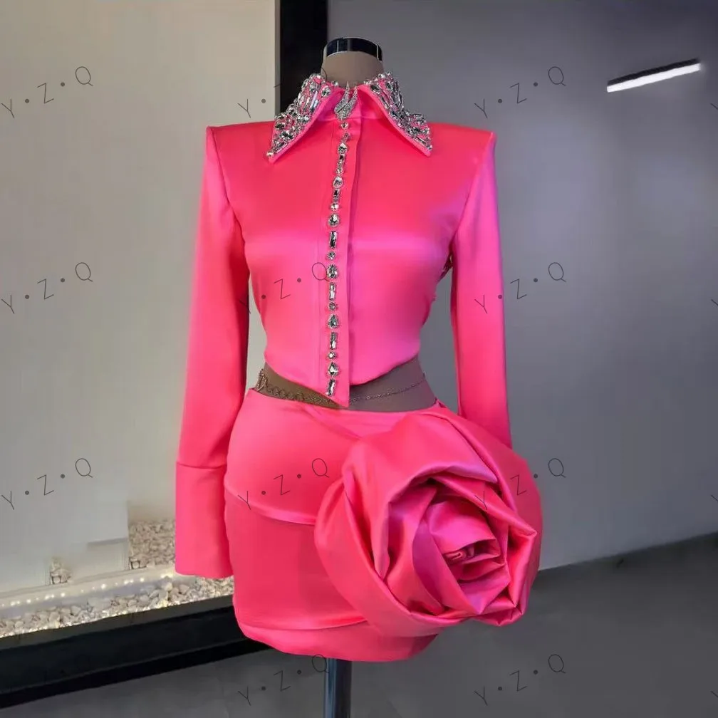 2 pièces robes de bal rose manches longues perles cristaux robe de soirée plissée florale robes de bal courtes ensemble découpé au-dessus du genou longueur