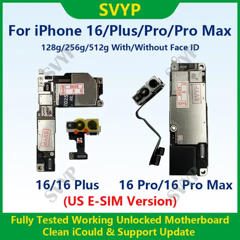 Fully Tested 100%Working Motherboard For iPhone 16 Pro Max Mainboard With Face ID Unlocked And Cleaned iCloud US E-SIM Version
