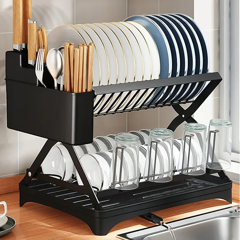 

2-Tier Kitchen Counter Dish Drainer Storage Rack Collapsible Dish Bowl Rack Water Cup Organizer with 360° Retractable Drain