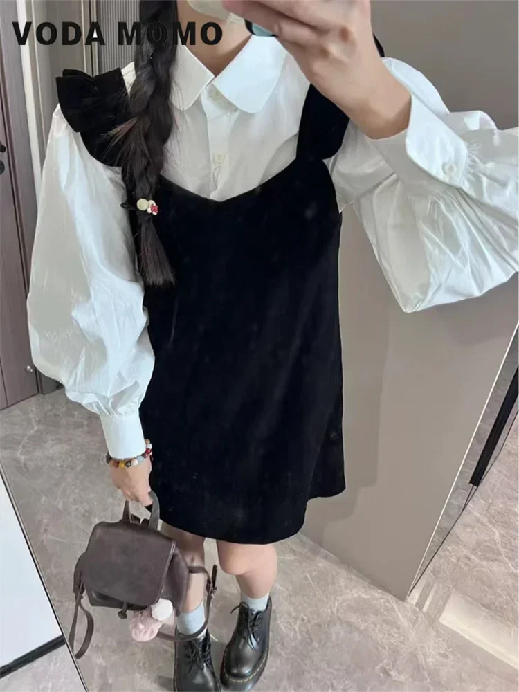 

2023 New Advanced Fashion Design Sense Two Piece Set Velvet Little Flying Sleeves Dress with Hanging Strap Dress Women Autumn