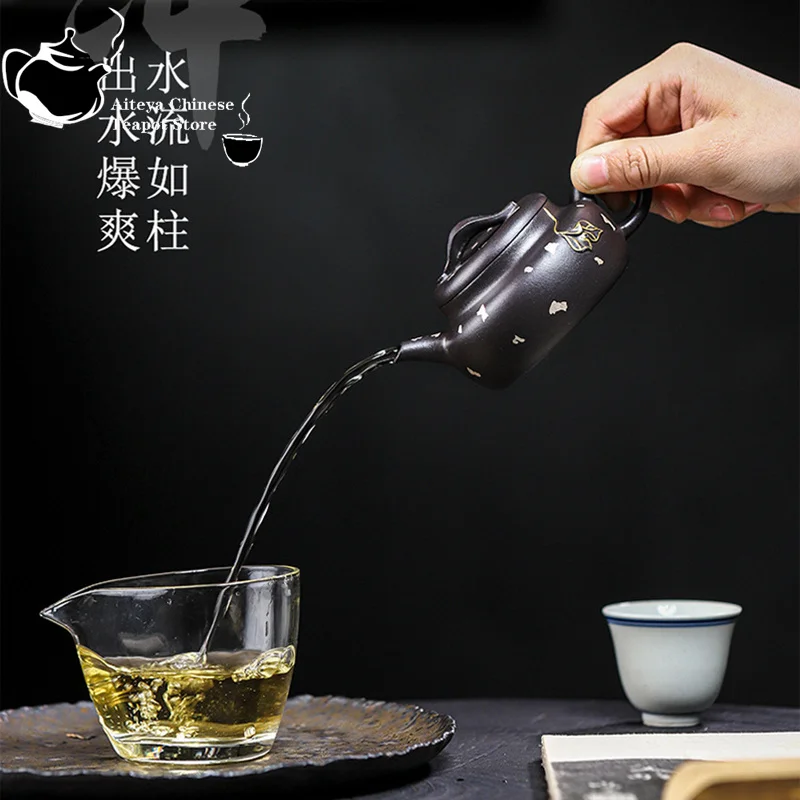 Chinese Tea Pot, Yixing Handmade Purple Clay Pot Collection, Black Roland, Golden Branches, Jade Leaves, Kung Fu Tea Set, 150ml - view 5