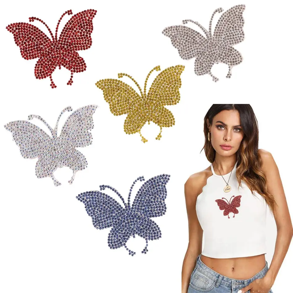 Beautiful Butterfly Crystal Rhinestone Patches On Clothes DIY Washable Heat Stickers Bling Design Iron On Transfer For Bag Decor