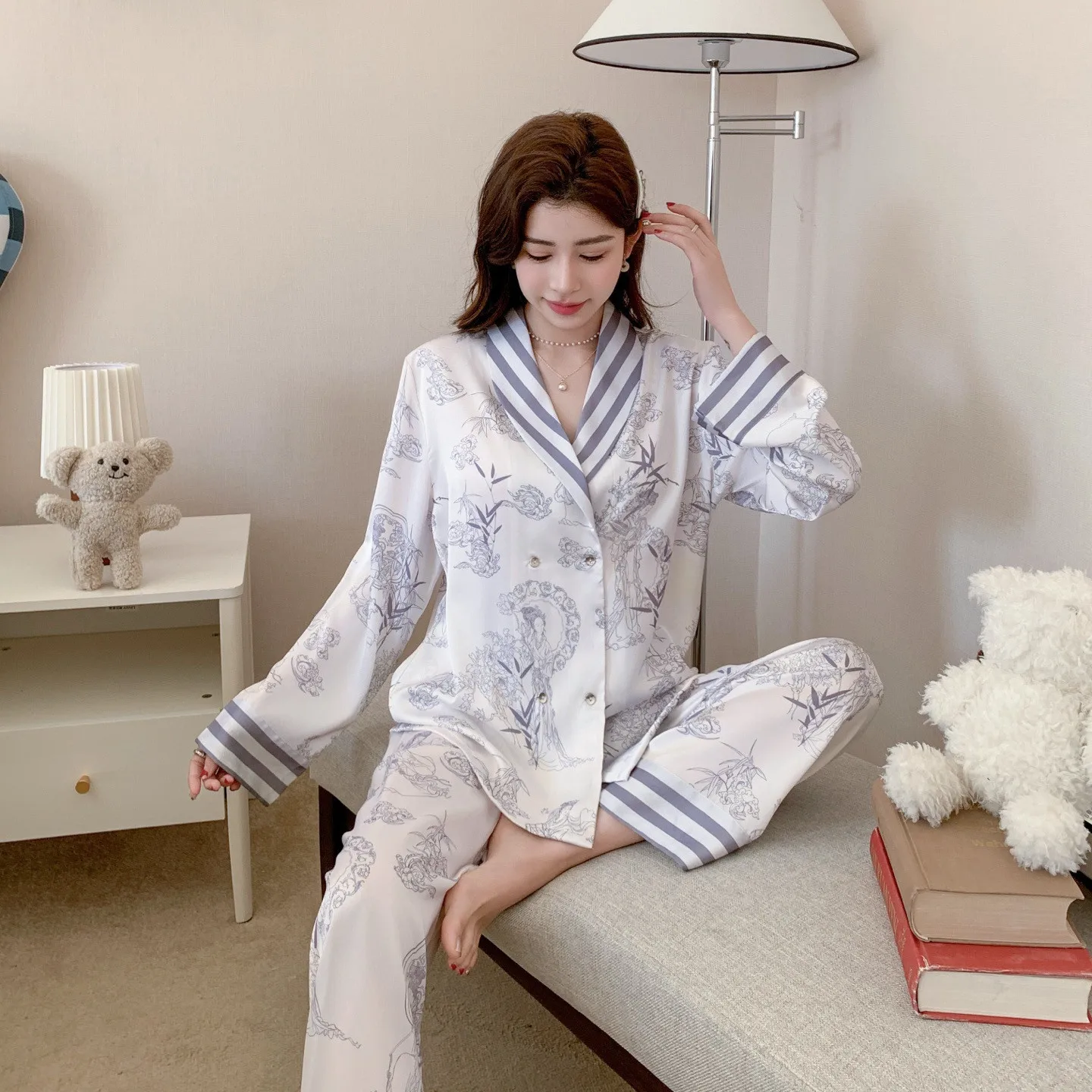 Conjunto de pijamas de dos piezas, pijama estampado para mujer