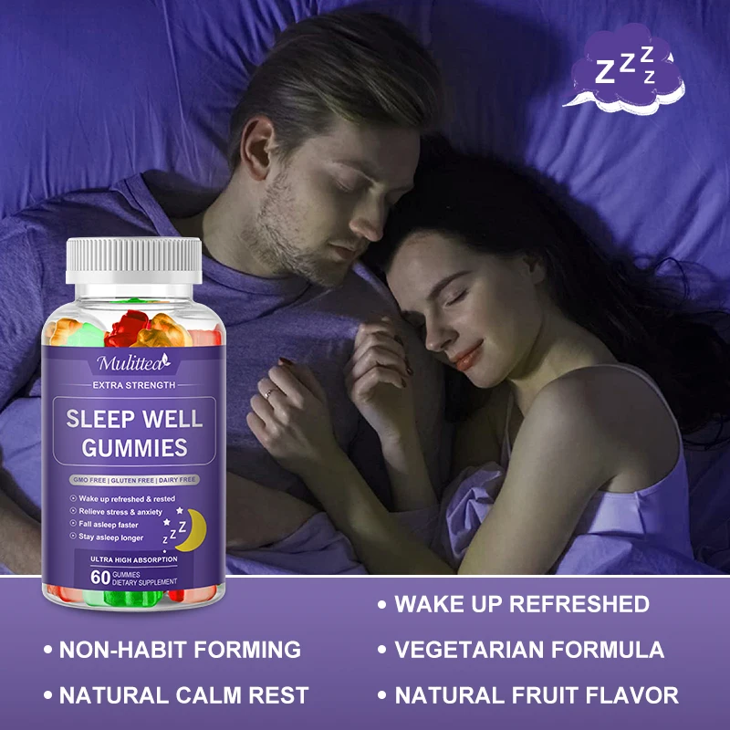 Mulittea Efficient Melatonin Gummies Relieve Insomnia and Stress Help Deep Sleep Improve Sleep Quality Strawberry Flavor Non-GMO