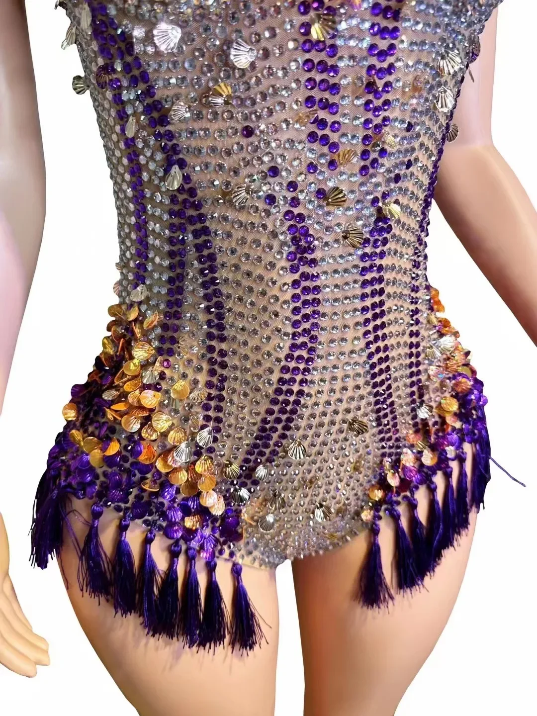 Sparkly Rhinestones Sequins Tassels V Neck Bodysuit for Women Sexy Performance Dance Costume Nightclub Singer Dancer Stage Wear