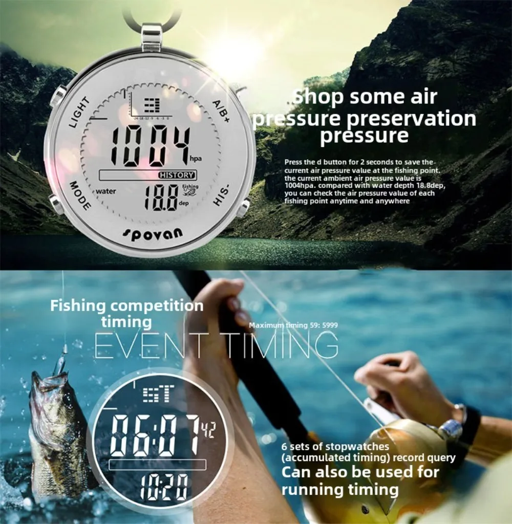 Spovan SPV600 Waterproof Digital Fishing Barometer Unisex Pocket Watch Suitable for Climbing Running and other Outdoor sports