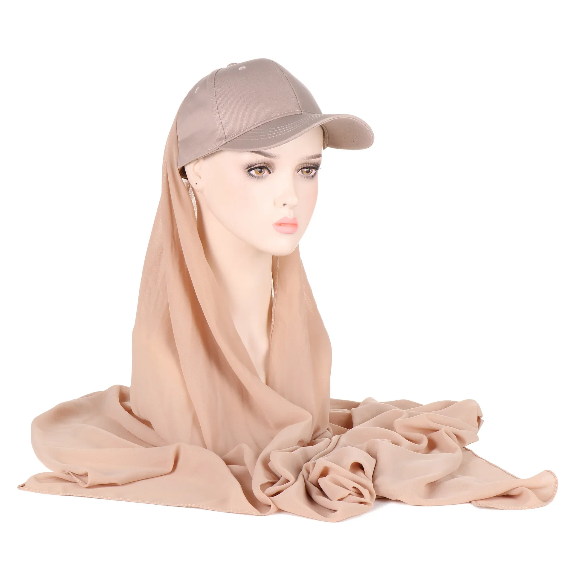 Musilm Mulheres Chiffon Hijab com Base Ball Cap Verão Mulher Chapéu com Chiffon HIjabs Pronto Para Usar Turbante Instantâneo HIjabs Ramadan