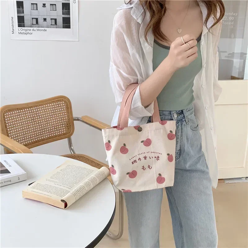 GCE4 Small Canvas Women Tote Food Bag Japanese Peach Hand Lunch  Korean Mini Student Handbags Cotton Cloth Picnic