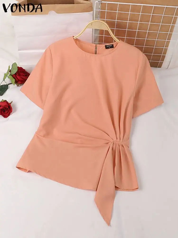 VONDA 2024 Summer Women Blouses Elegant Casual Solid Color Shirts Tunic Tops Loose Short Sleeve Pleated Twistted Blusas Feminina