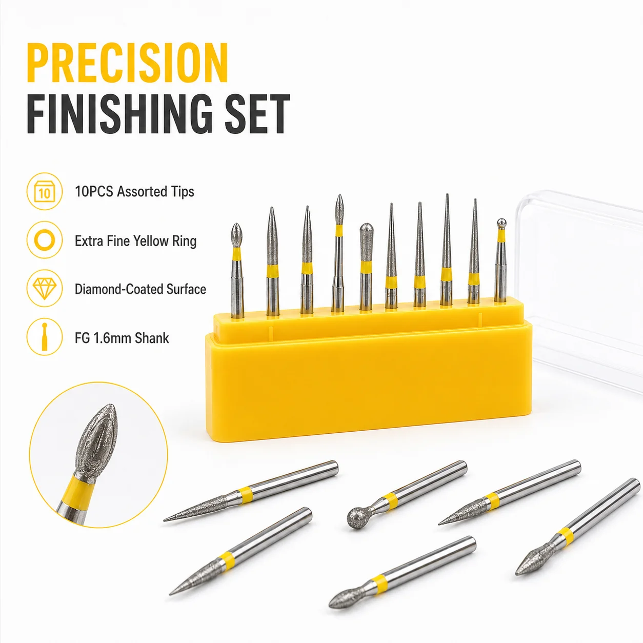 10 Stück Präzisions-Labor-Diamantbohrer FG 1,6mm Schaft Extra Feines Gelbes Ringpolierset für Detaillierte Laborbearbeitung – Detail 5