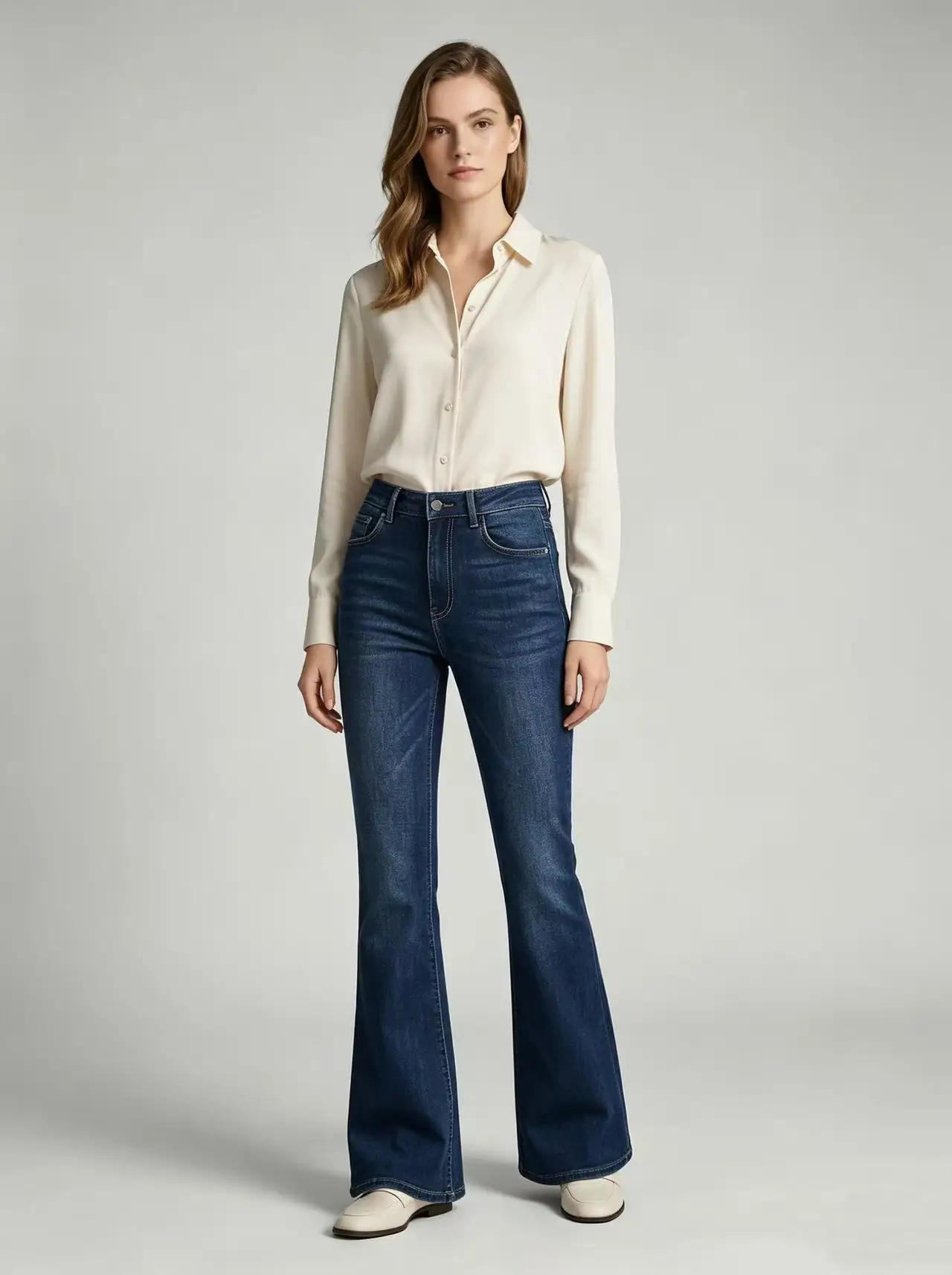 

Long Jeans Fashion Lady Trimmings High Waist Slim Fit Zipper Fly Denim Flared Pants Stretch Autumn