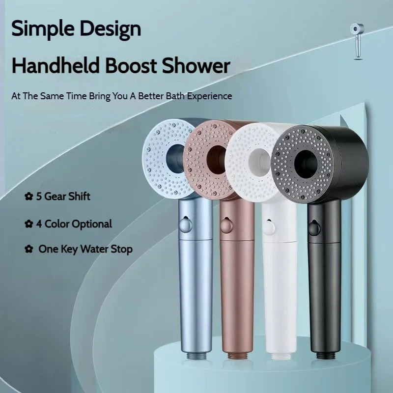 Blue 5 Modes Pressure Boost Shower Head Multifunction Adjustable Water Shower Nozzle One-Key Stop Shower Bathroom Accessories