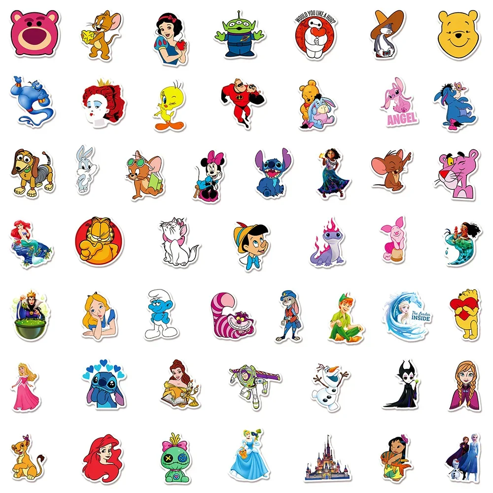 50/100pcs Disney Series Mix Cartoon Stickers for Luggage Skateboard Cute Stitch Micky Princess Waterproof Graffiti Sticker Gift