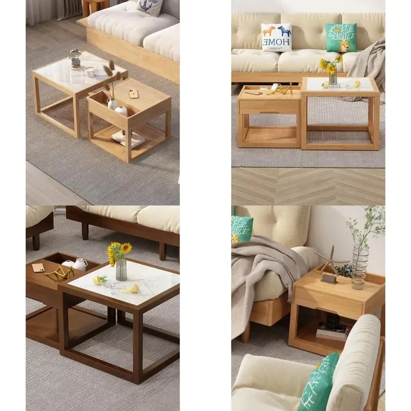 Nordic Solid Wood Coffee Table Natural Stone Pattern Square Nesting Tables for Small Apartment Living Room Log Style