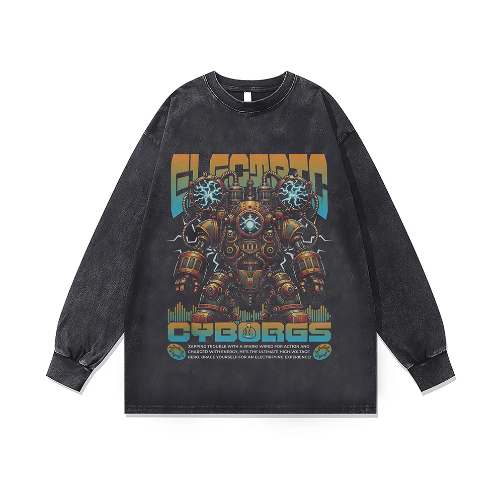Anime Demon Robot Print Distressed New In Sweatshirt Vintage Washed Y2k Oversized T-shirt Streetwear Men's Clothing Cotton Tops