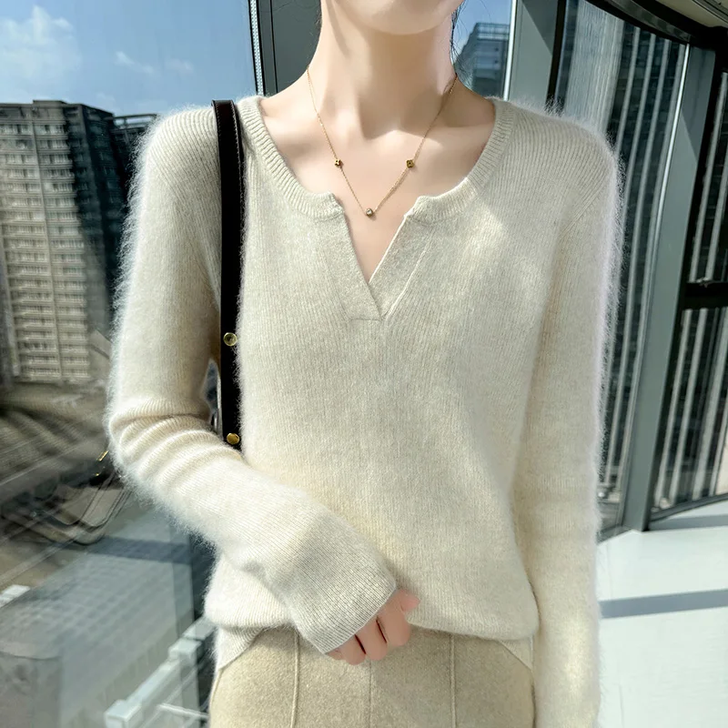 New 100% pure mink cashmere sweater women's V-neck autumn and winter thick knitted pullover casual loose long sleeved shirt