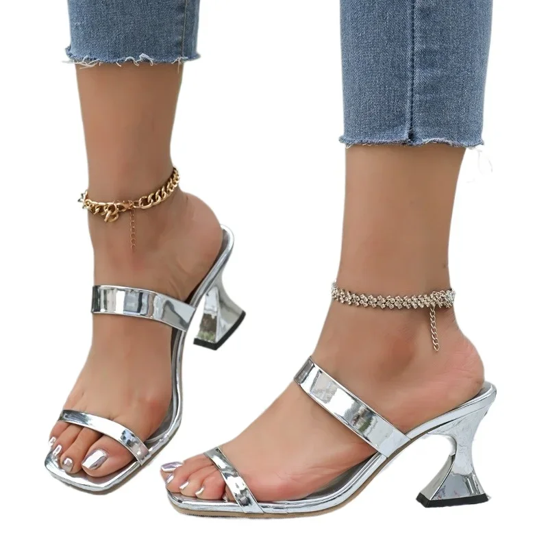 ‌Women's 2025 Summer Square Toe Mid Heel Sandals Elegant Slippers with Dressy Slides for Fashion Toe Post Outfits Slippers