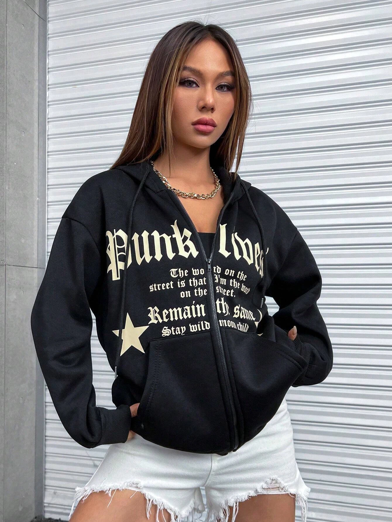 Star Art Letter Slogan Graphic Zip Up Hoodies Fleece Fashion Hoodie Drawstring All-Match Clothing Oversized Zipper Hoody
