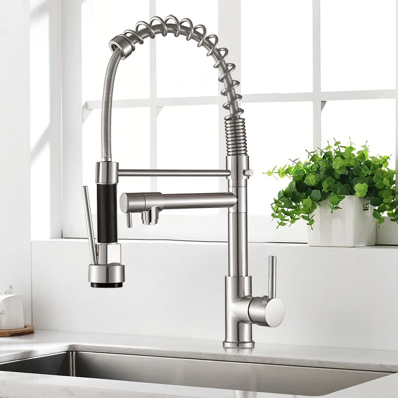 

Black Brushed Spring Pull Down Kitchen Sink Faucet Hot & Cold Water Mixer Crane Tap with Dual Spout Deck Mounted
