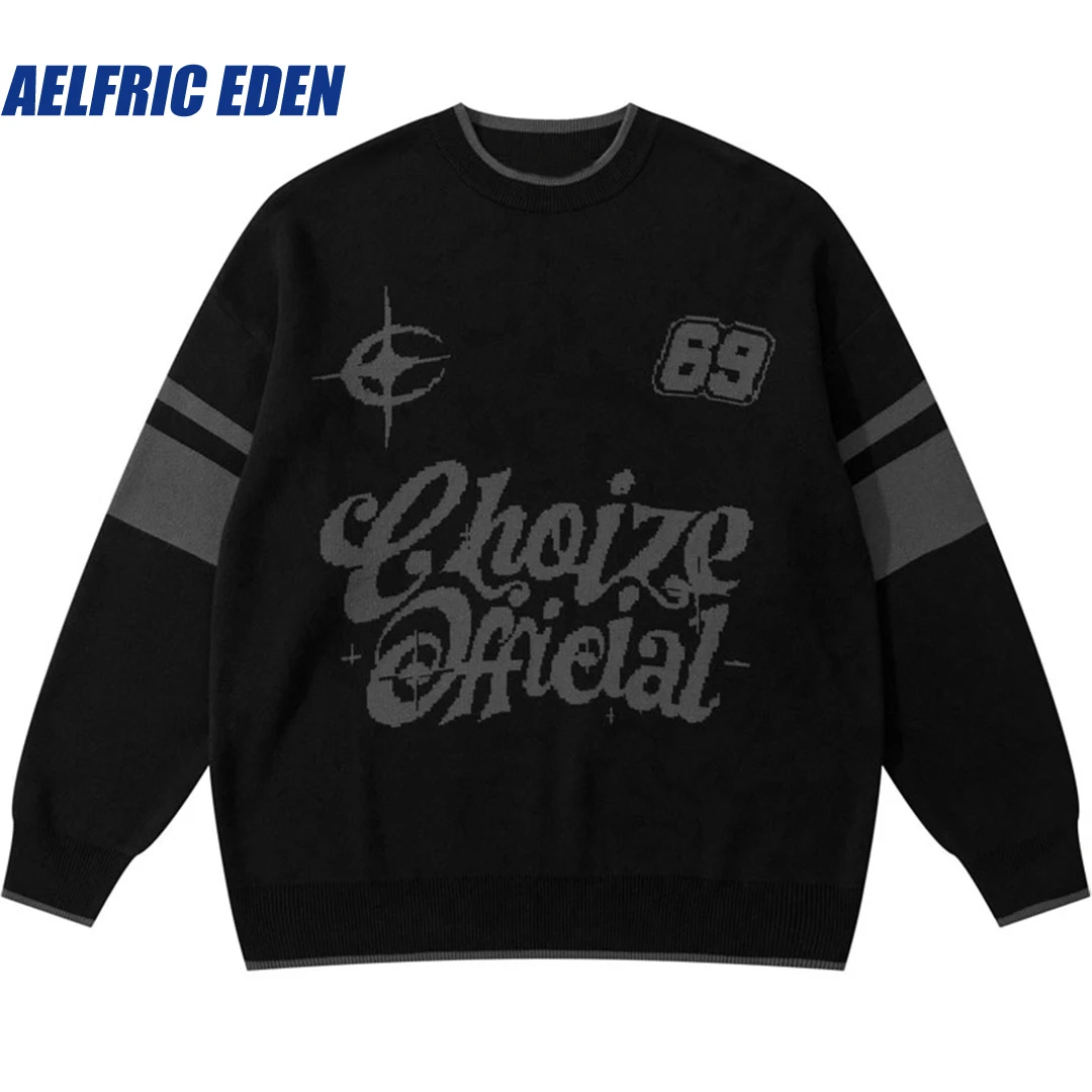 Aelfric Eden Knitted Letter Graphic Retro Pullover Jumper Y2K Hip Hop Vintage Sweater Streetwear 2023 Men Fashion Loose Sweaters