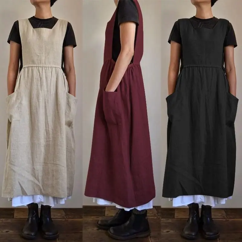 

2023 New Women's Cotton Linen Artistic Apron High Waist Long Home Clothes Loose Long Dress Chinese Style Loose Fit Maxi Dress