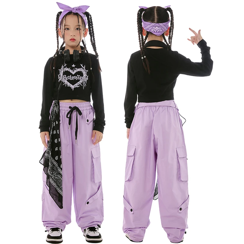 K-pop meninas roupas de dança jazz, blusas pretas, calças roxas, hip hop infantil, roupas para praticar desempenho, roupas de palco grupo, bl11907