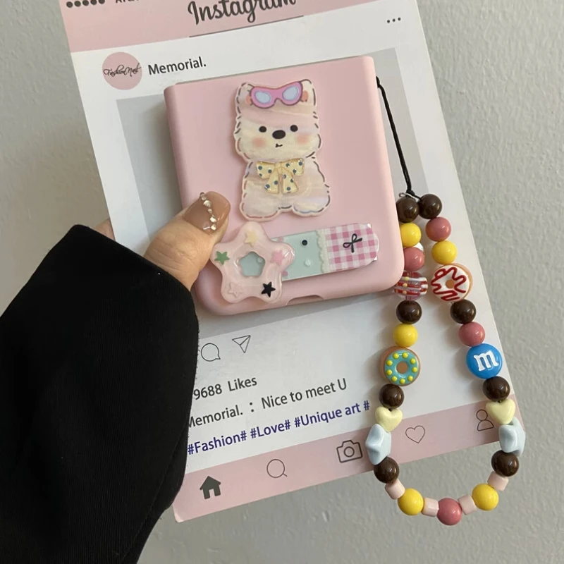 Gato bonito suporte caso corrente de mão rosa caso telefone para samsung galaxy z flip 7 6 5 4 3 para motorola razr 40 50 ultra xiaomi mix flip
