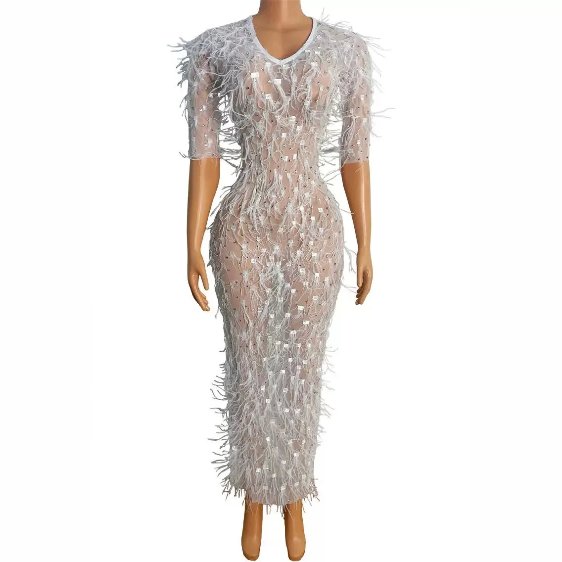 

Sexy mesh lens dress hollow perspective slim dress evening dress stage performance