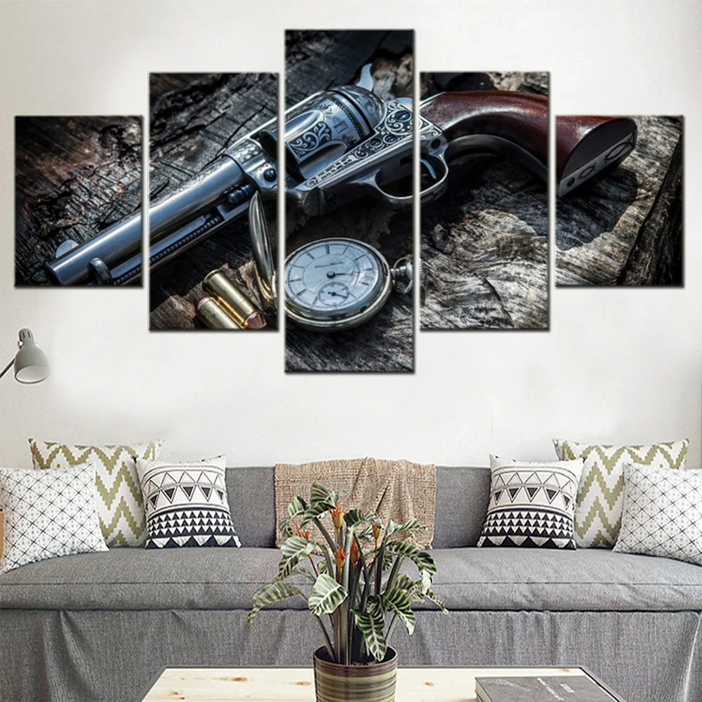 5 Pieces Canvas Wall Arts Poster Painting Clock Weapon Revolver Wallpaper Picture Print Home Decor Living Room Artwork Framework