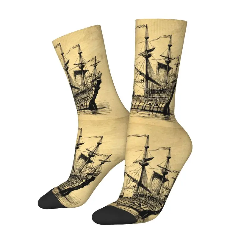 Custom Fashion Men's Tall Ship Vintage Sailing Sailor Dress Socks Comfortable Warm 3D Print Nautical Pirate Boat Crew Socks