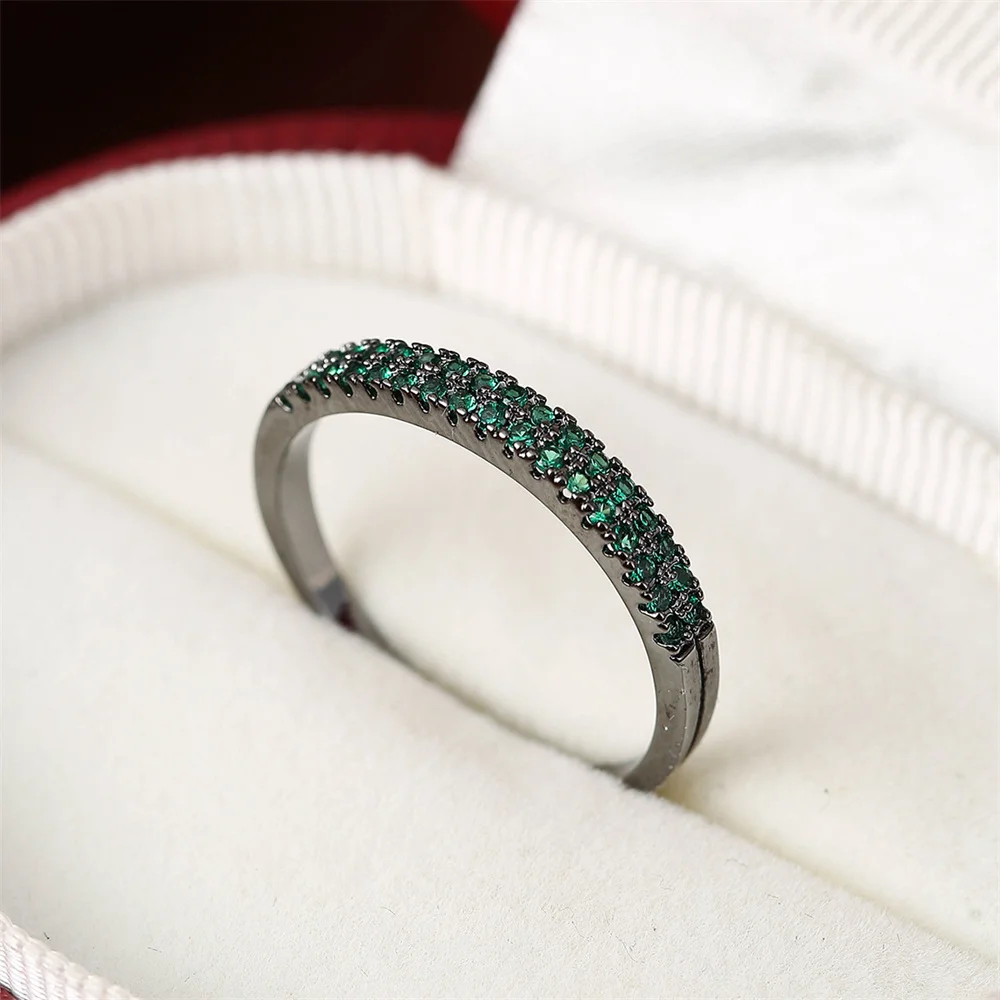 Double Row Small Round Stone Green Zircon Rings For Women Vintage Black Metal Engagement Bands Wedding Jewelry Mother's Day Gift