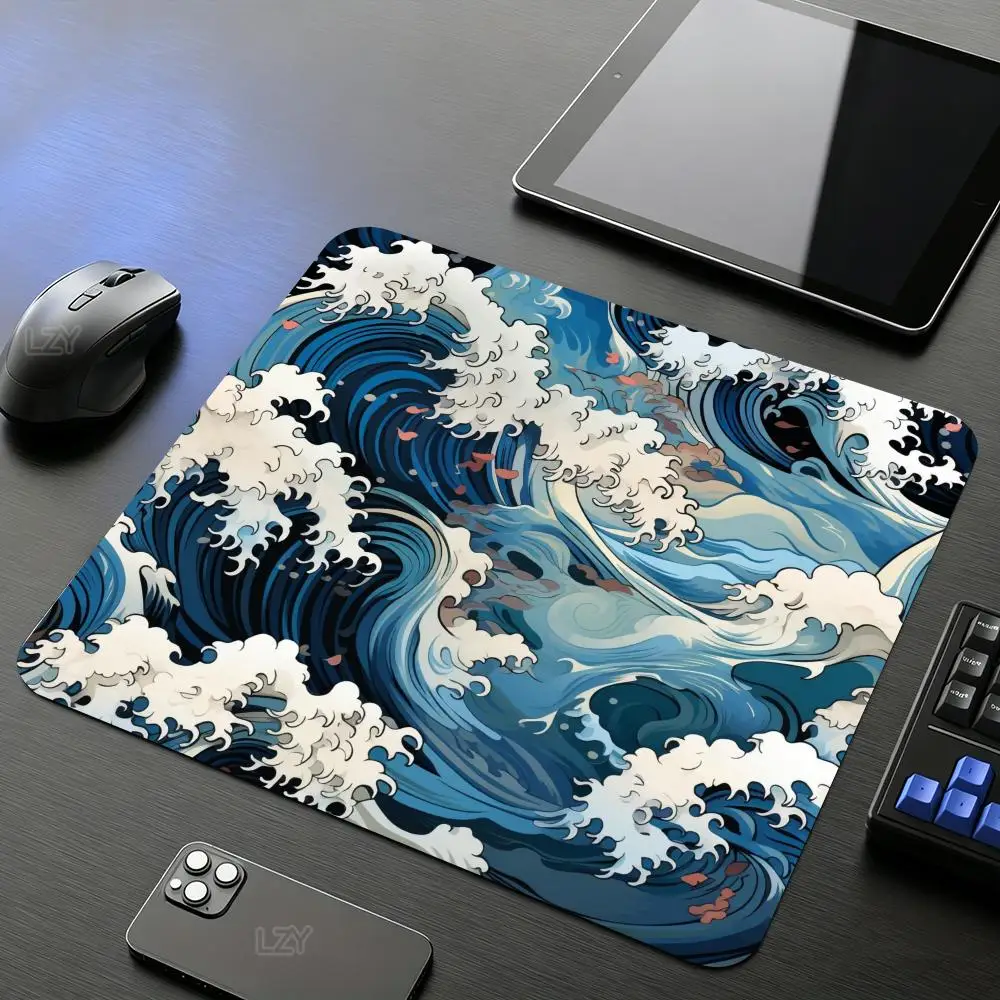 Japane Blue Waves Mouse Pad Square Computer Office Game Table Mats PC Gaming Rubber Anti-slip Mousepads Small Decor Desk Pads