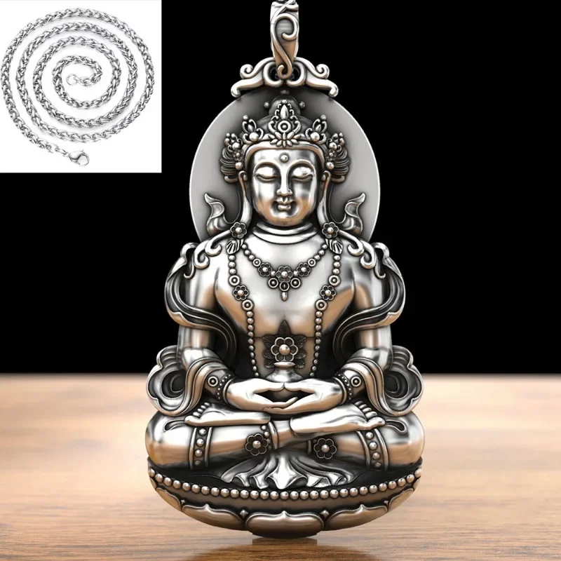 Original 925 Silver Solid Bodhisattva Pendant Male Female Stereoscopic Sitting Lotus Nanhai Guanyin Necklace Banquet Jewelry