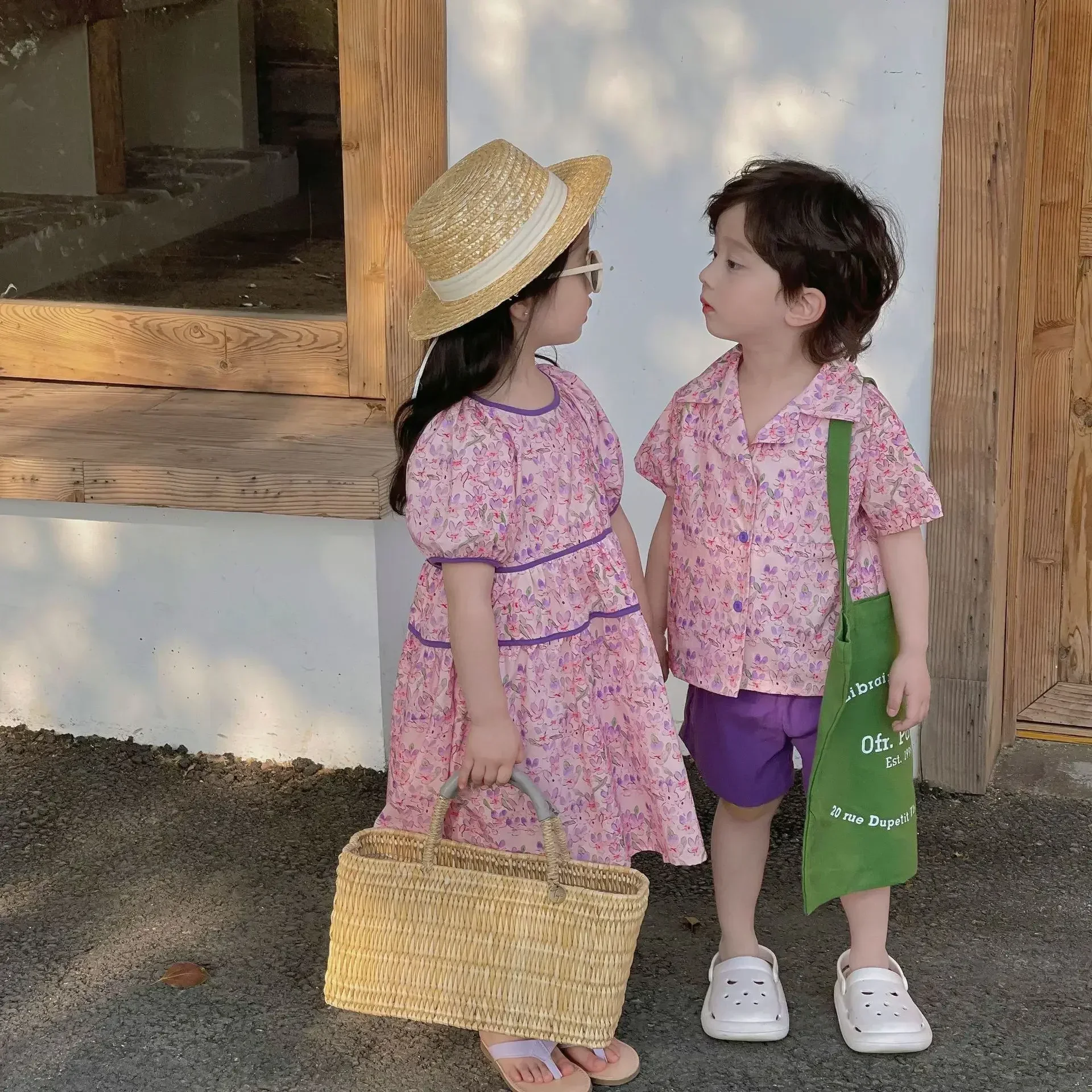 

New Fashion Brother Sisiter Costume Summer Boy Children Flower Short Sleeve Shirt + Solid Shorts 2pcs Girl Cotton Princess Dress