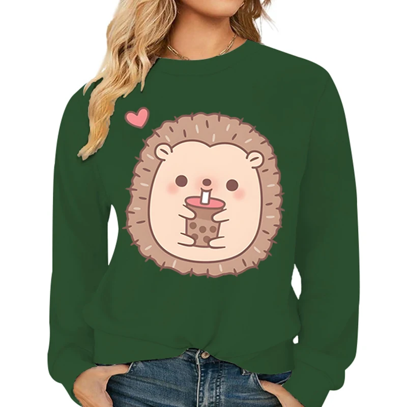 Autumn Winter Cartoon Women Sweatshirts Hedgehog Bobo Tea Print Hoody Warm Crewneck Pullover Cute Animal Hedgehog Female Hoodies