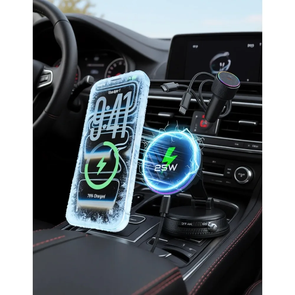 

25W Wireless Car Charger Mount with RGB Light Magnetic Holder Cooling Fan 45W Adapter 360 Rotating Vacuum Suction for MagSafe