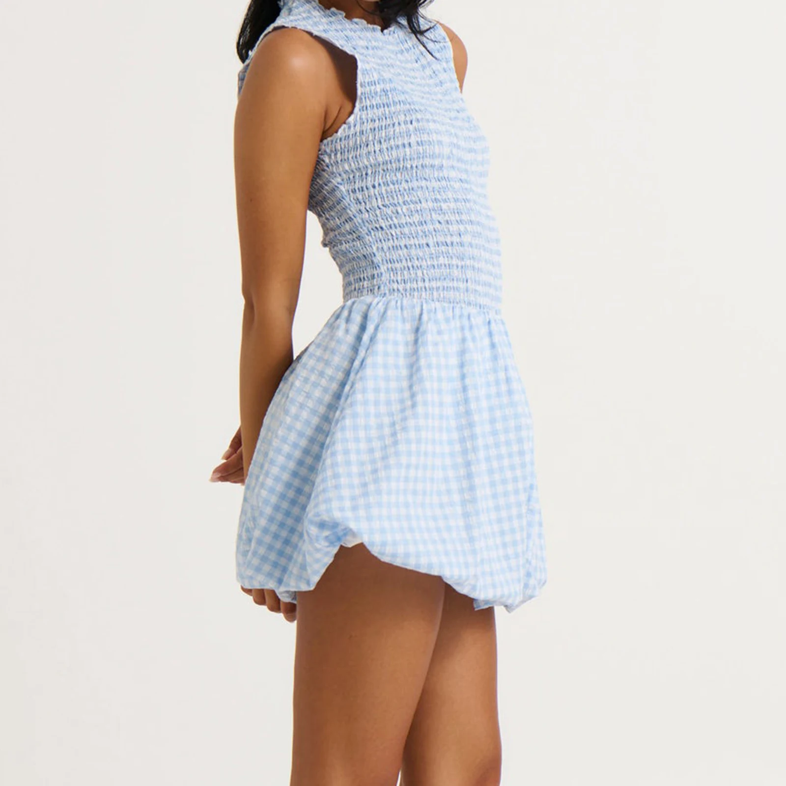 Mulheres verão y2k vintage gingham tanque vestido smocked em torno do pescoço sem mangas fairycore grunge bodycon mini vestido bolha festa clube