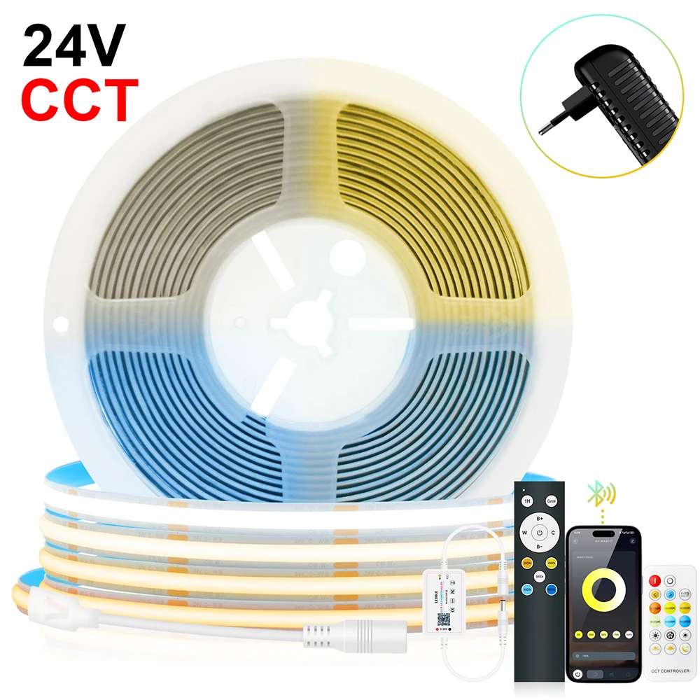 Smart CCT COB LED Strip Light Power Adapter EU/US/UK/AU Plug Kit with Bluetooth RF Remote Dimmable 2700K to 6500K 24V Flex Tape